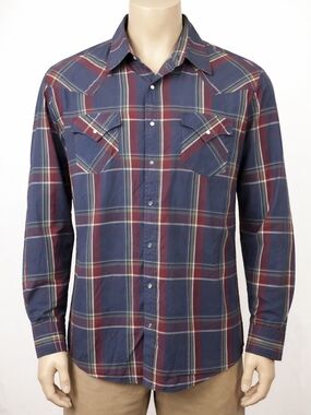 Men's Navy and Burgundy Plaid Button-Up Shirt